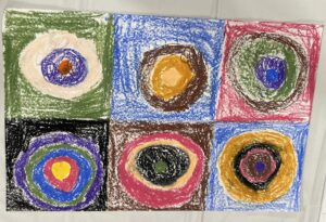 student recreation of Kandinsky circles: 6 squares featuring multicolor concentric circles colored with crayon