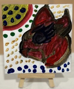 student created acrylic on canvas of a red animal. Possibly a cat or a Frenchie dog. The background is a field of dots made by the students fingertip dipped in paint.