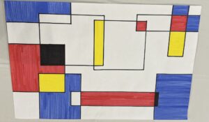 student version of a Mondrian composition featuring overlapping squares that that are sparsely colored in using the primary colors. Markers on paper. 